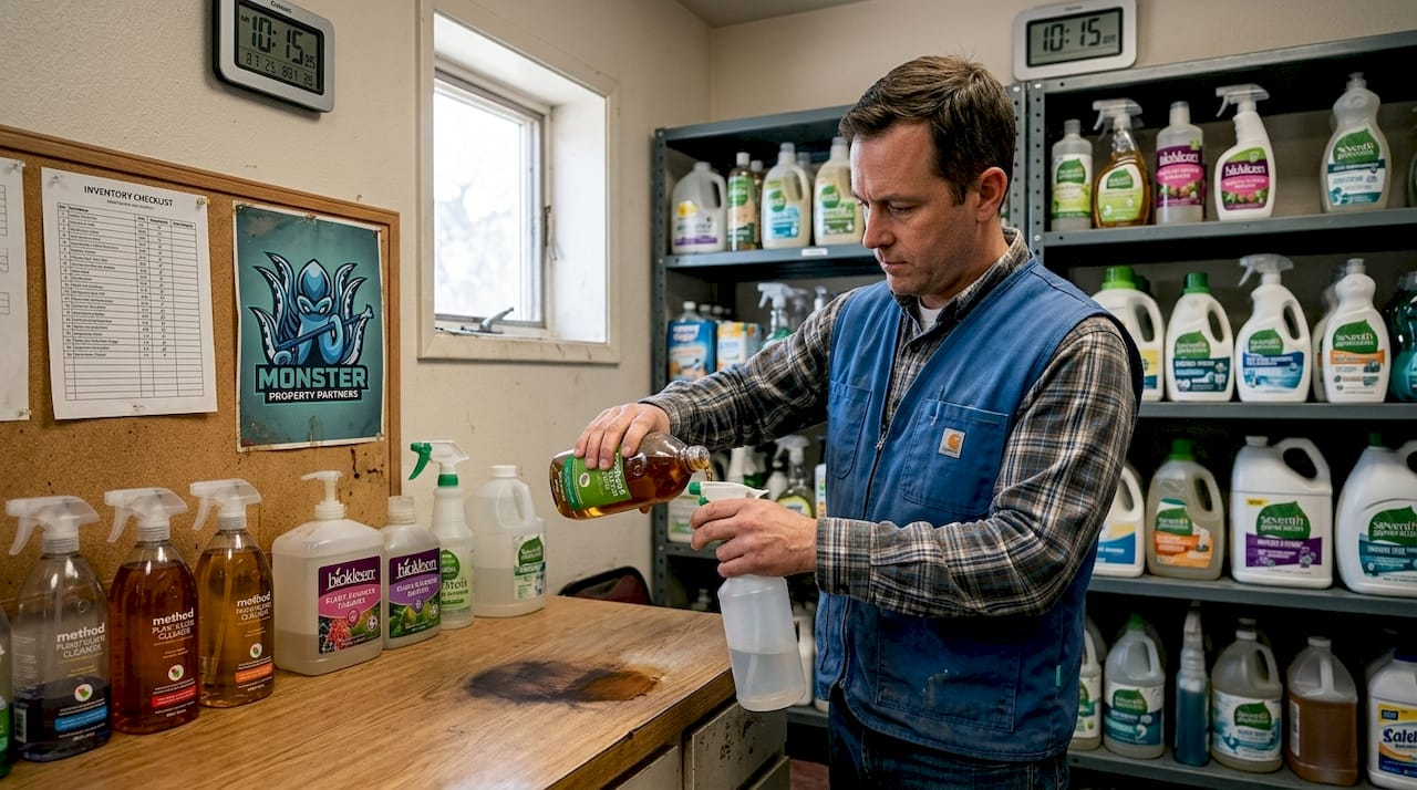 Supervisor refilling spray bottle with eco cleaner