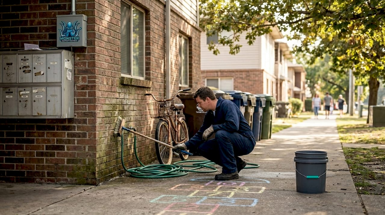 Worker cleaning brick siding on apartment complex