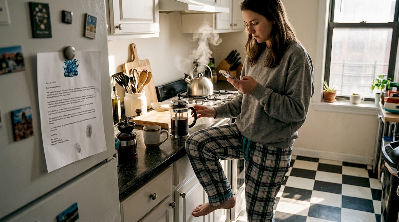 Tenant checks phone for cleaning update in kitchen