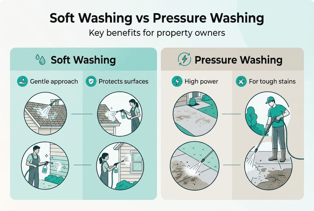 Infographic comparing soft washing versus pressure washing
