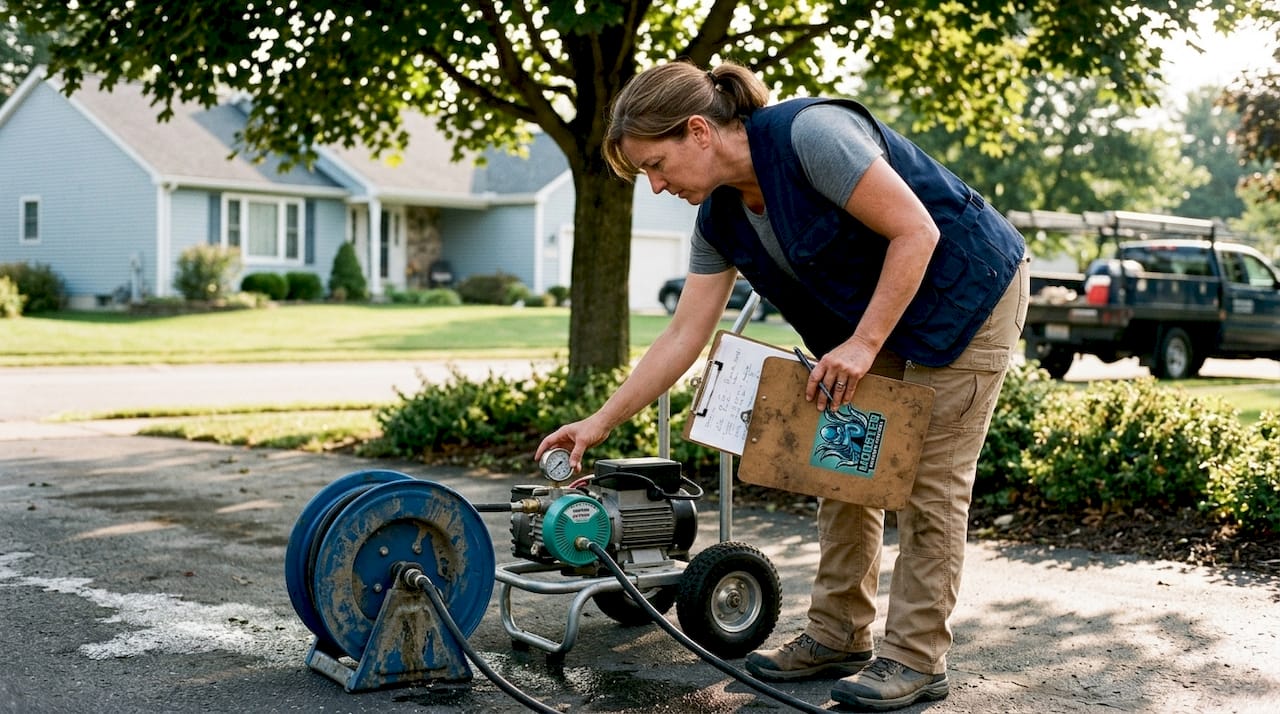 Technician preparing soft wash pump for cleaning