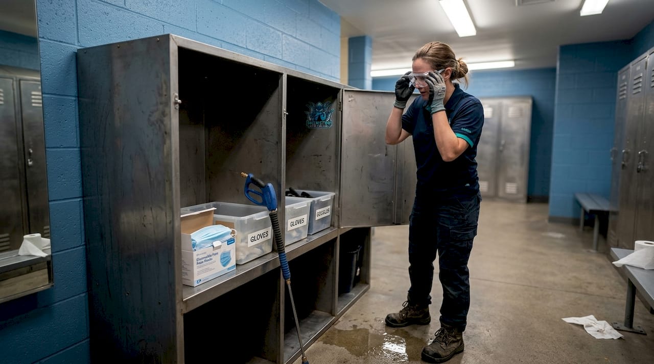 Technician preparing PPE for exterior cleaning