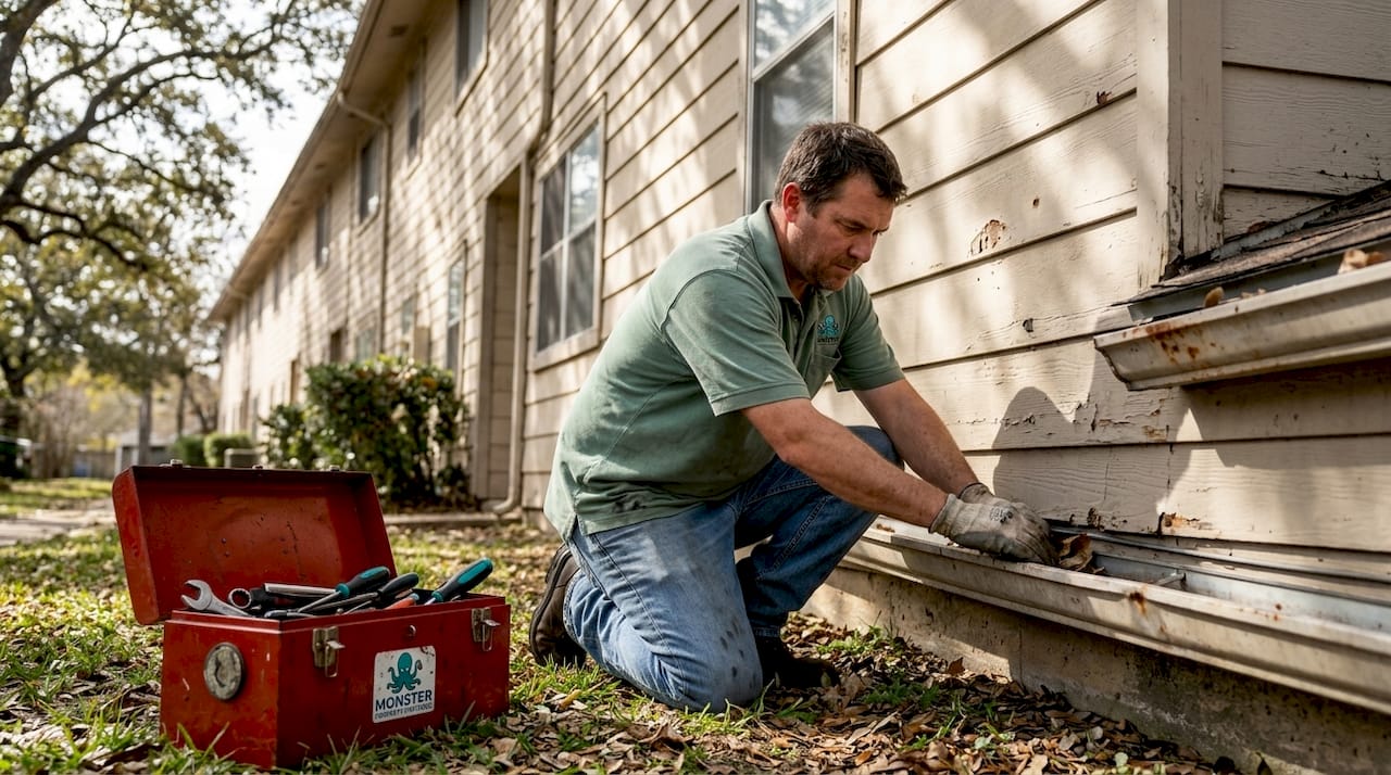 Worker assessing gutter and siding damage