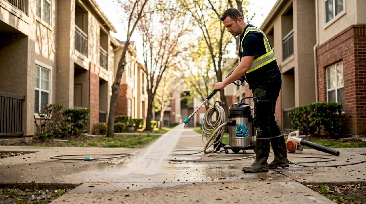 Technician pressure washing apartment walkway