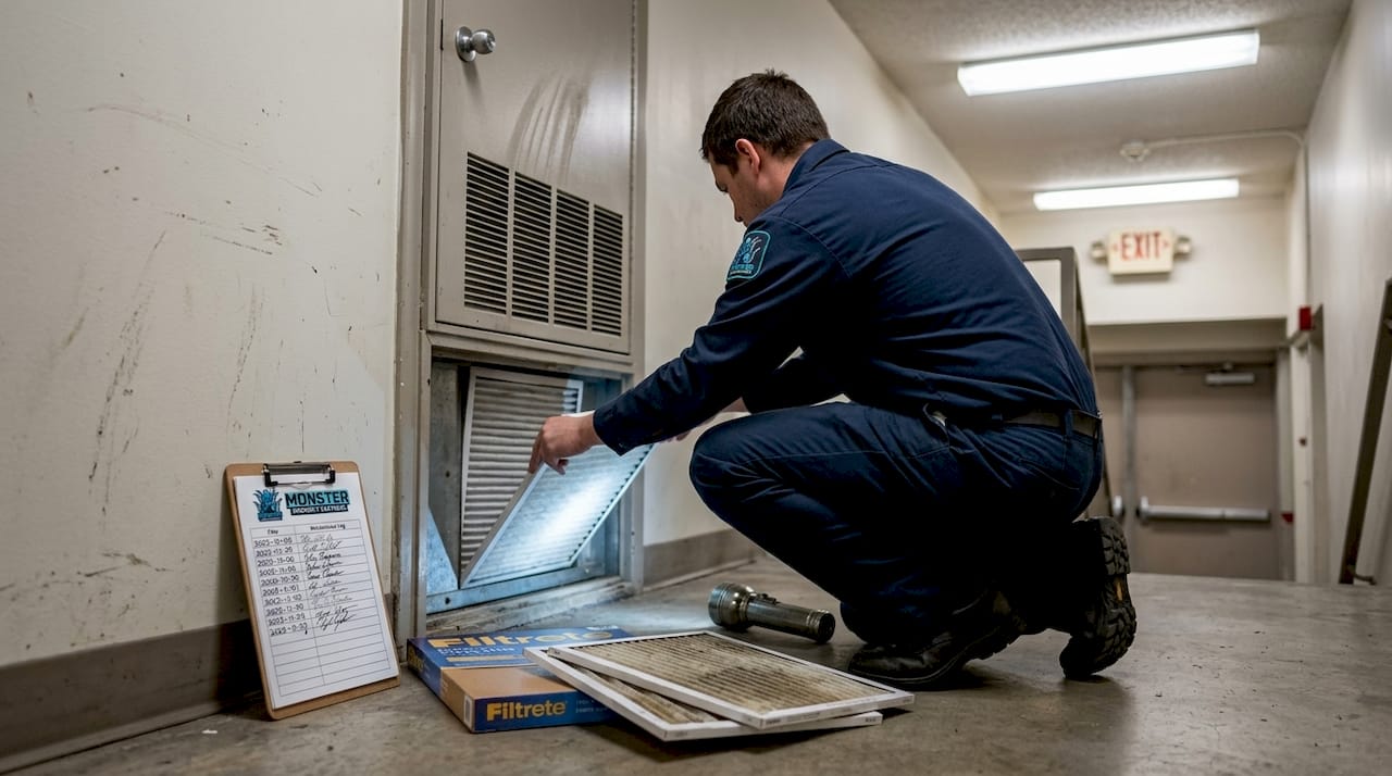 Technician changing HVAC filter in apartment stairs