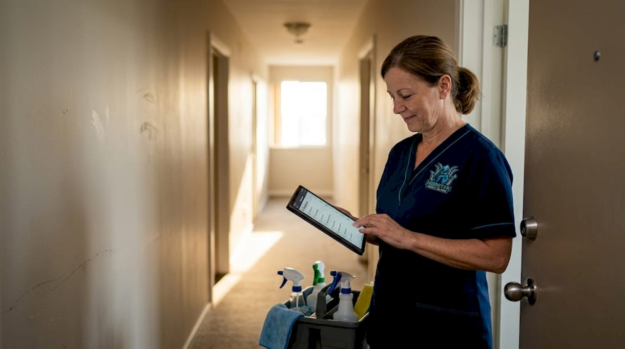 Cleaner checks digital schedule in apartment hallway