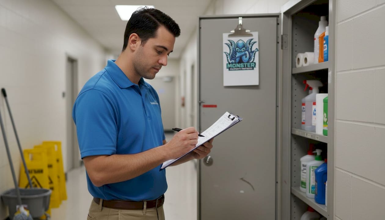 Manager checking pressure washing prep list in hallway