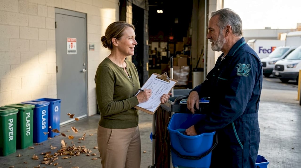 Property manager marking cleaning checklist outdoors