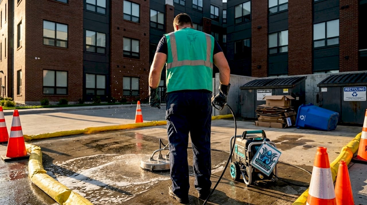 Worker pressure washes dumpster pad behind apartments