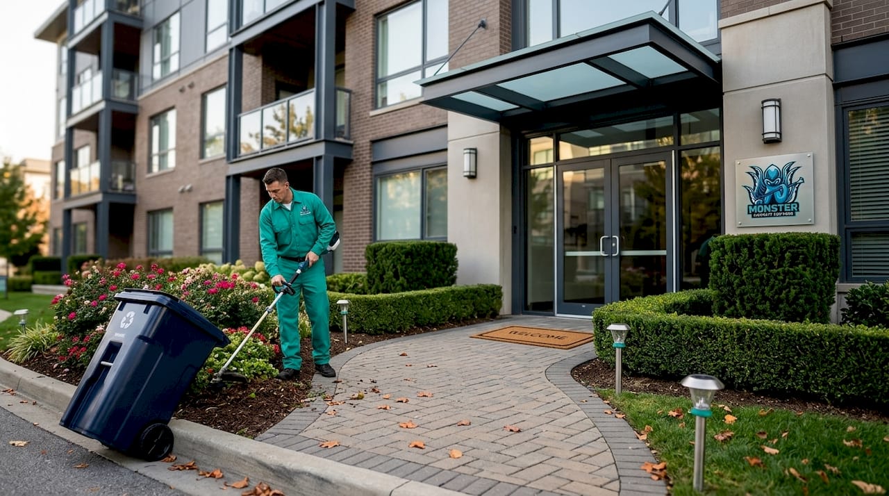 Groundskeeper upgrading apartment building exterior