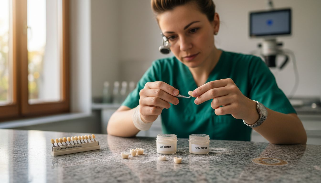 Keramikkronen und verschiedene Zahntechnikmaterialien auf dem Labortisch arrangiert