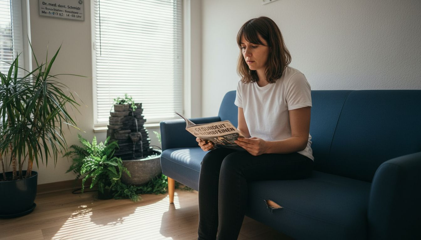 Eine Patientin mit Zahnarztangst wartet nervös im Wartezimmer.