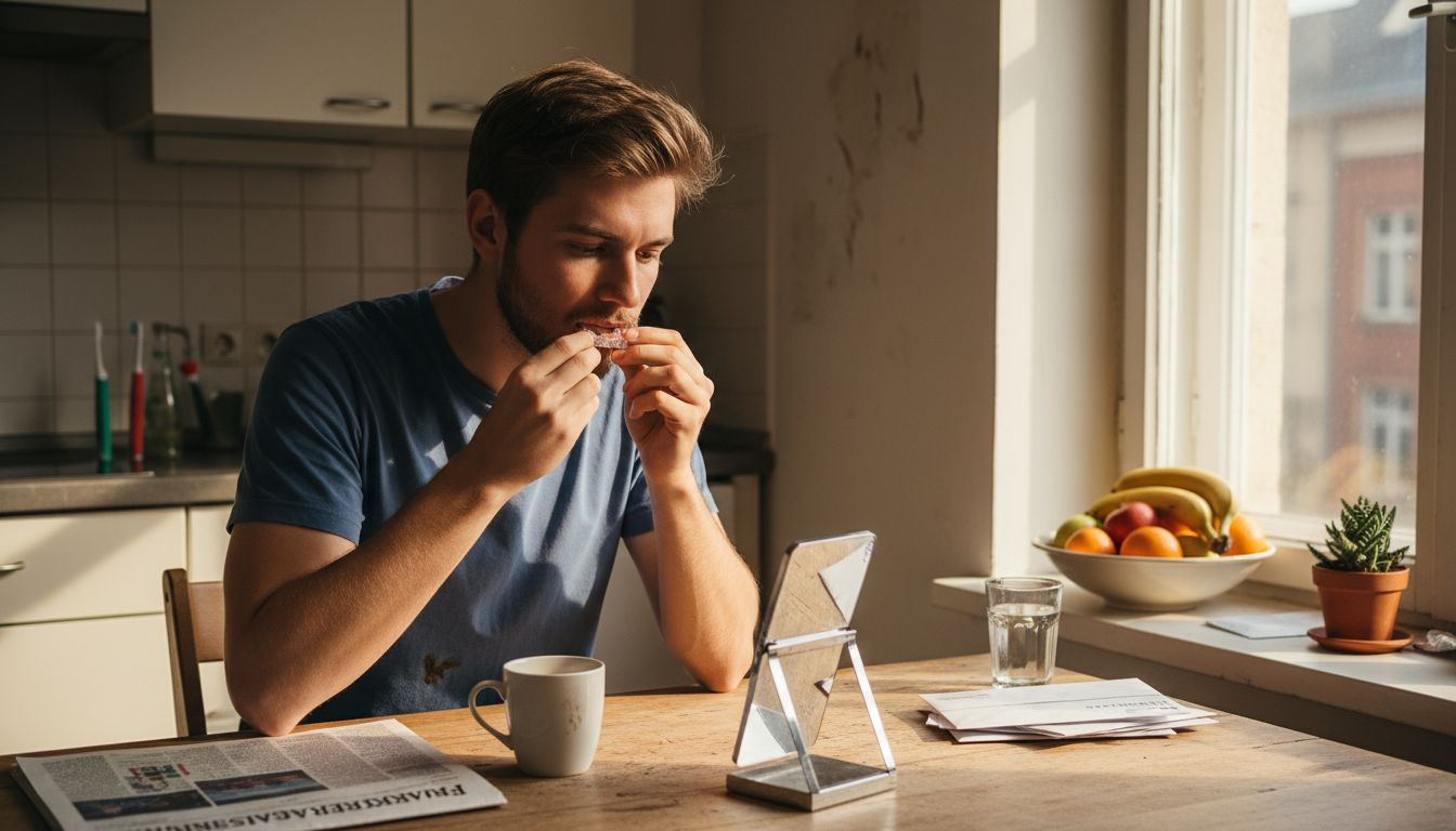 Ein Mann trägt zu Hause eine Zahnschiene.