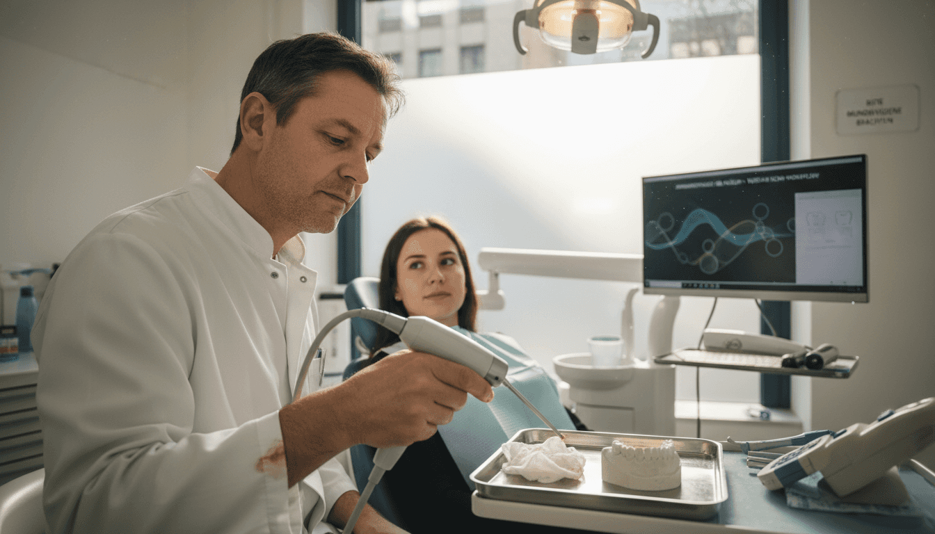 Der Zahnarzt erklärt seinem Patienten die Funktionsweise des Intraoralscanners und zeigt ihm, wie das Gerät eingesetzt wird.
