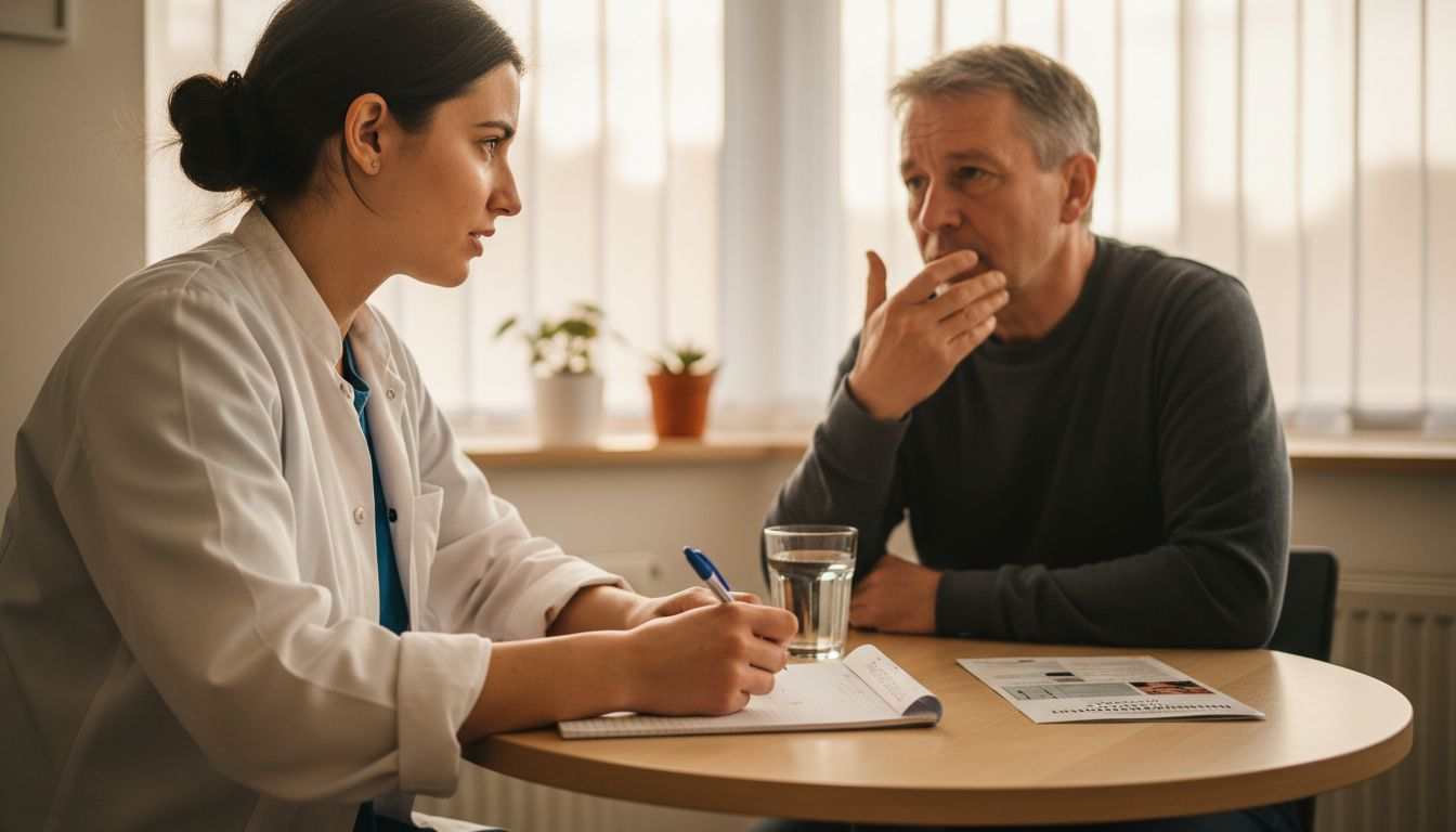 Einfühlsame Zahnärztin nimmt sich Zeit und hört einem ängstlichen Patienten im Beratungsgespräch aufmerksam zu.