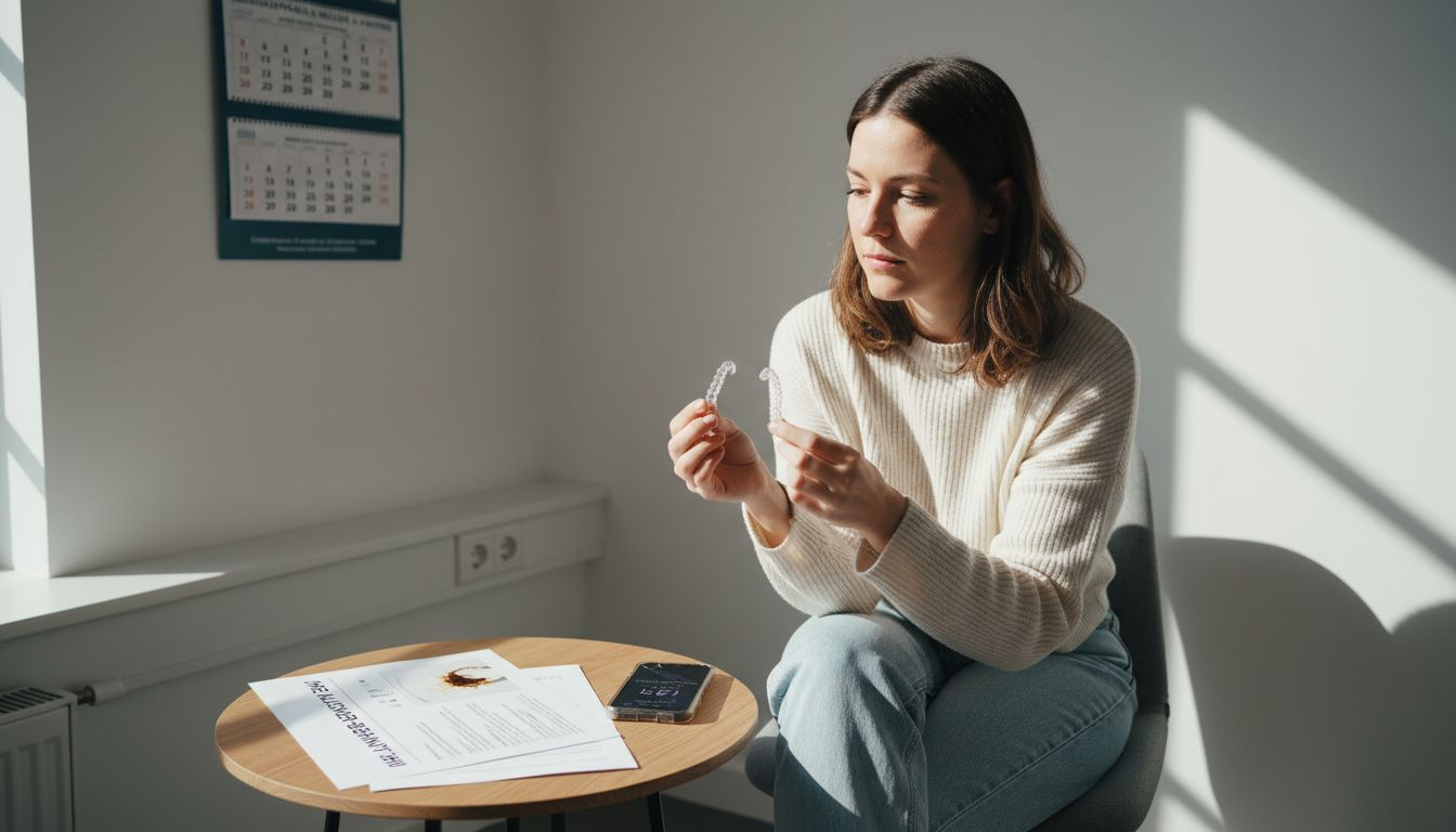 Eine Patientin begutachtet im Beratungszimmer ihre Aligner.