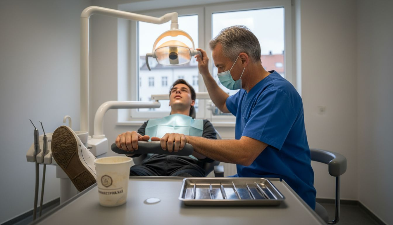 Der Patient sitzt nervös im Behandlungsstuhl und wartet auf den Beginn der Behandlung.