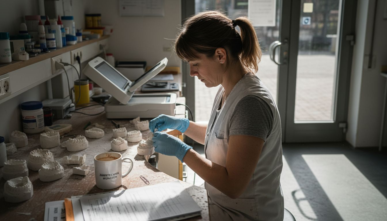 Ein Zahntechniker passt ein Implantatmodell präzise an.