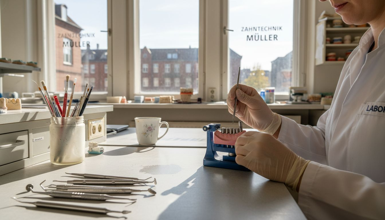 Ein Zahntechniker nimmt Feineinstellungen an einem Implantatmodell vor.