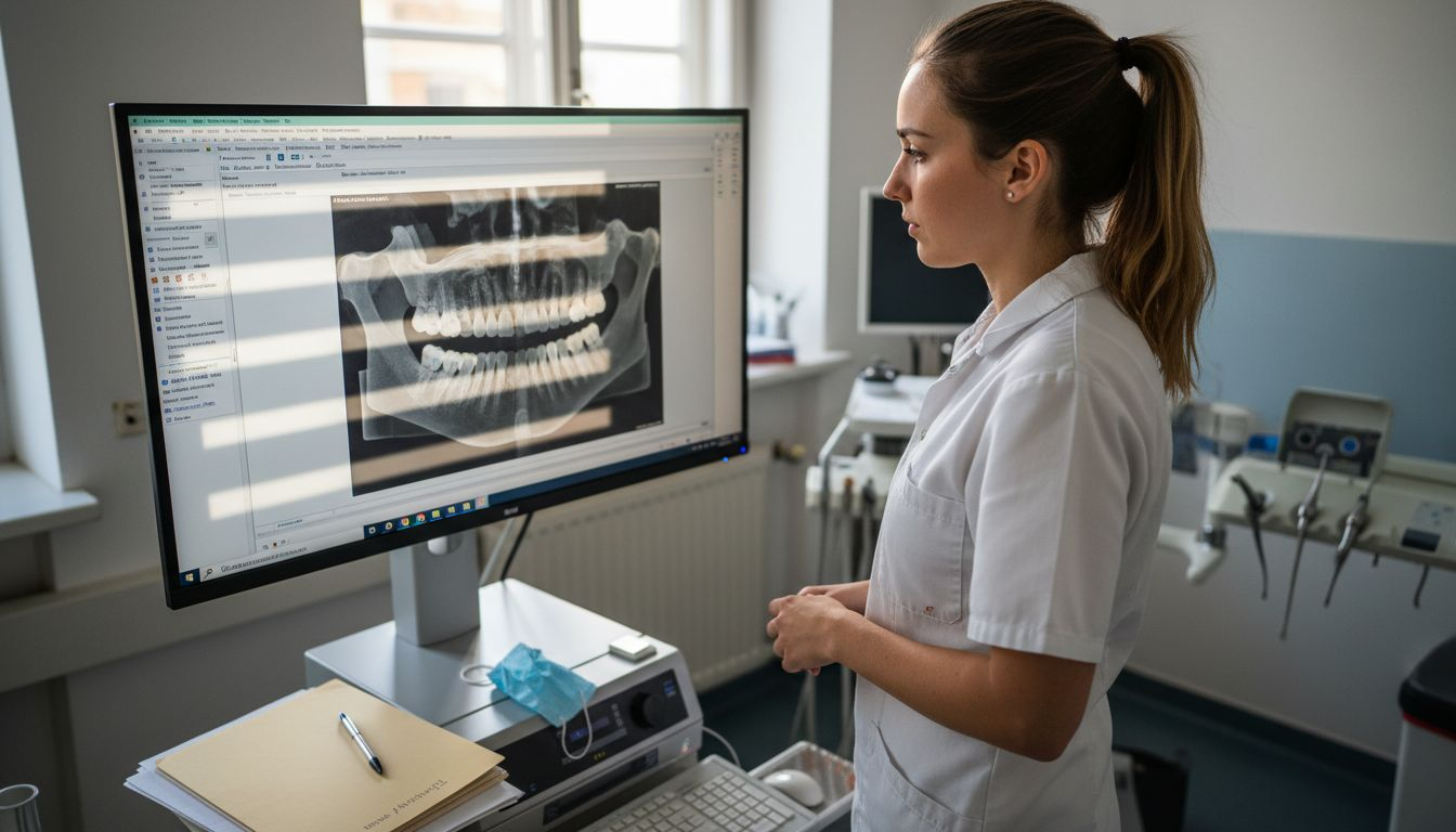 Eine zahnmedizinische Fachkraft begutachtet einen 3D-Kieferscan in der Zahnarztpraxis.