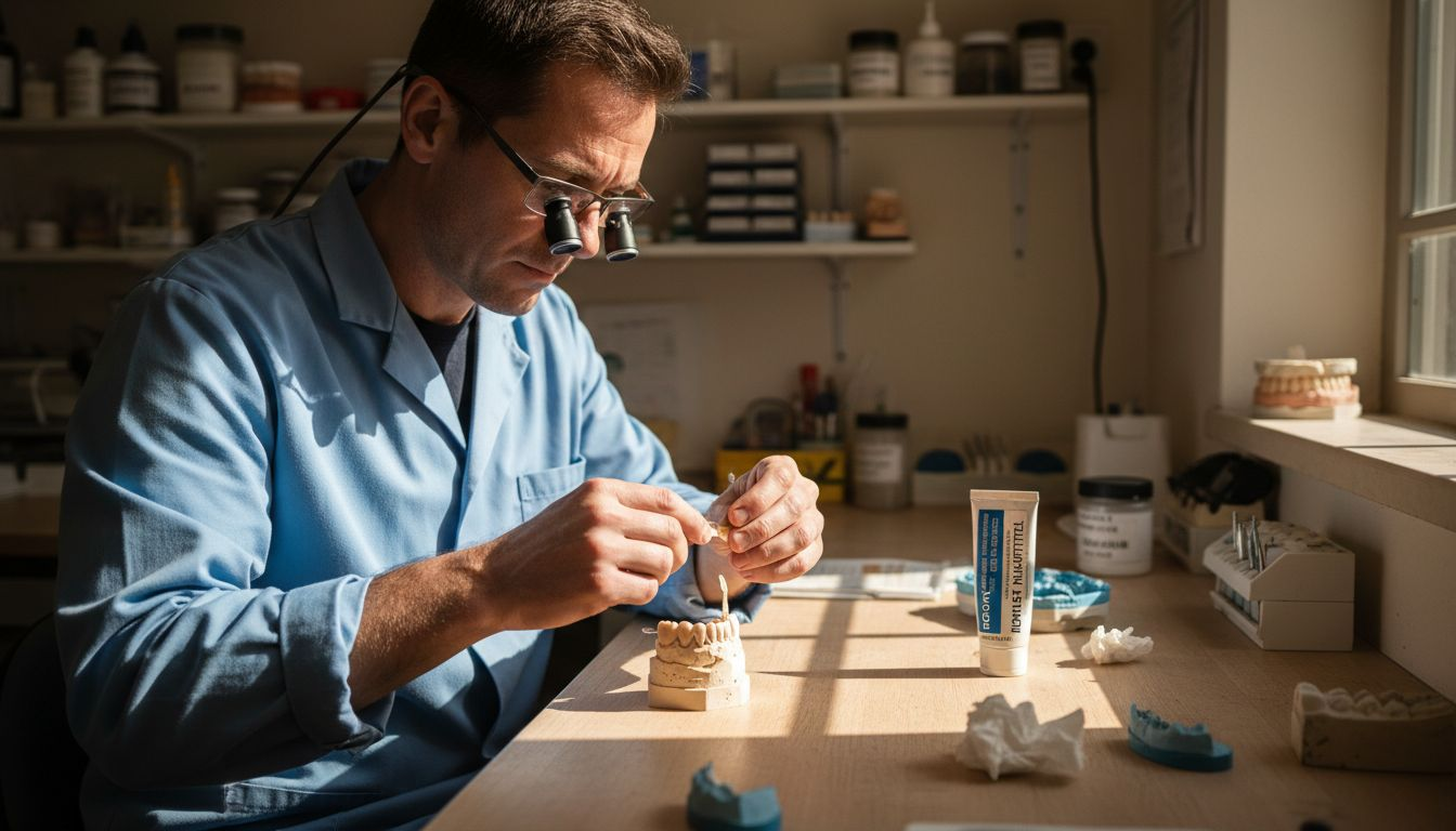 Ein Zahntechniker fertigt gerade eine provisorische Zahnverblendschale an.