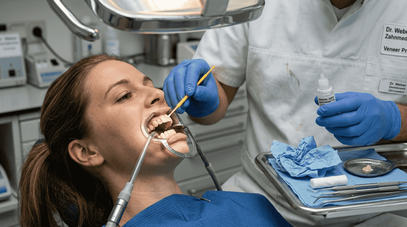 Zahnarzt bereitet den Zahn für das Anbringen eines Veneers vor.