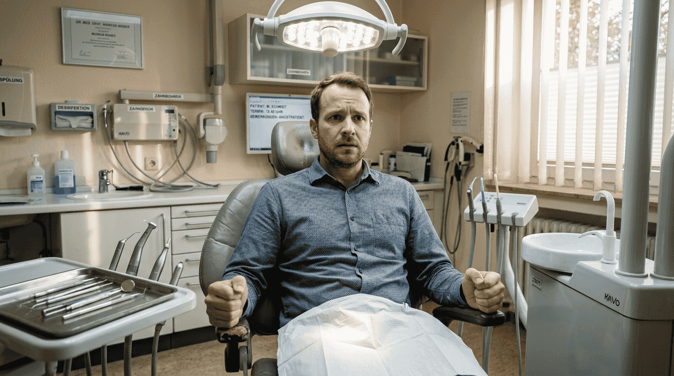 Ein Mann sitzt angespannt auf dem Behandlungsstuhl beim Zahnarzt.