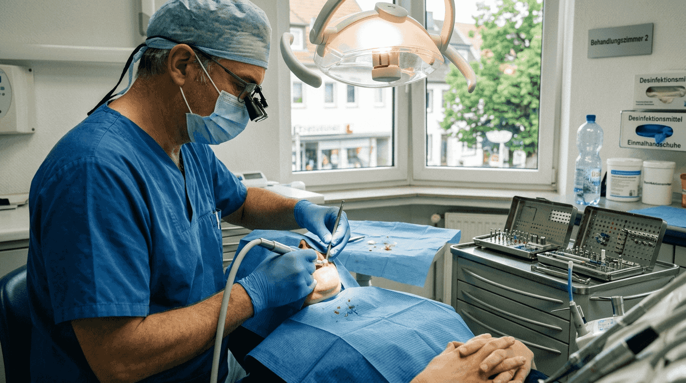 Der Zahnarzt setzt den Bohrer präzise für das Implantat an.