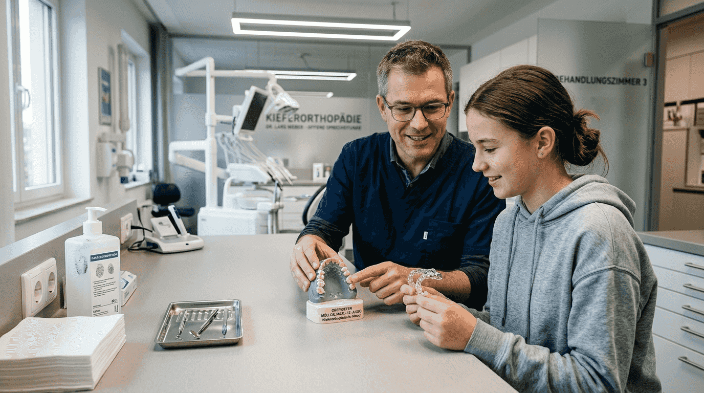 Ein Zahnarzt veranschaulicht die Funktion von Aligner-Aufsätzen anhand eines Gebissmodells.