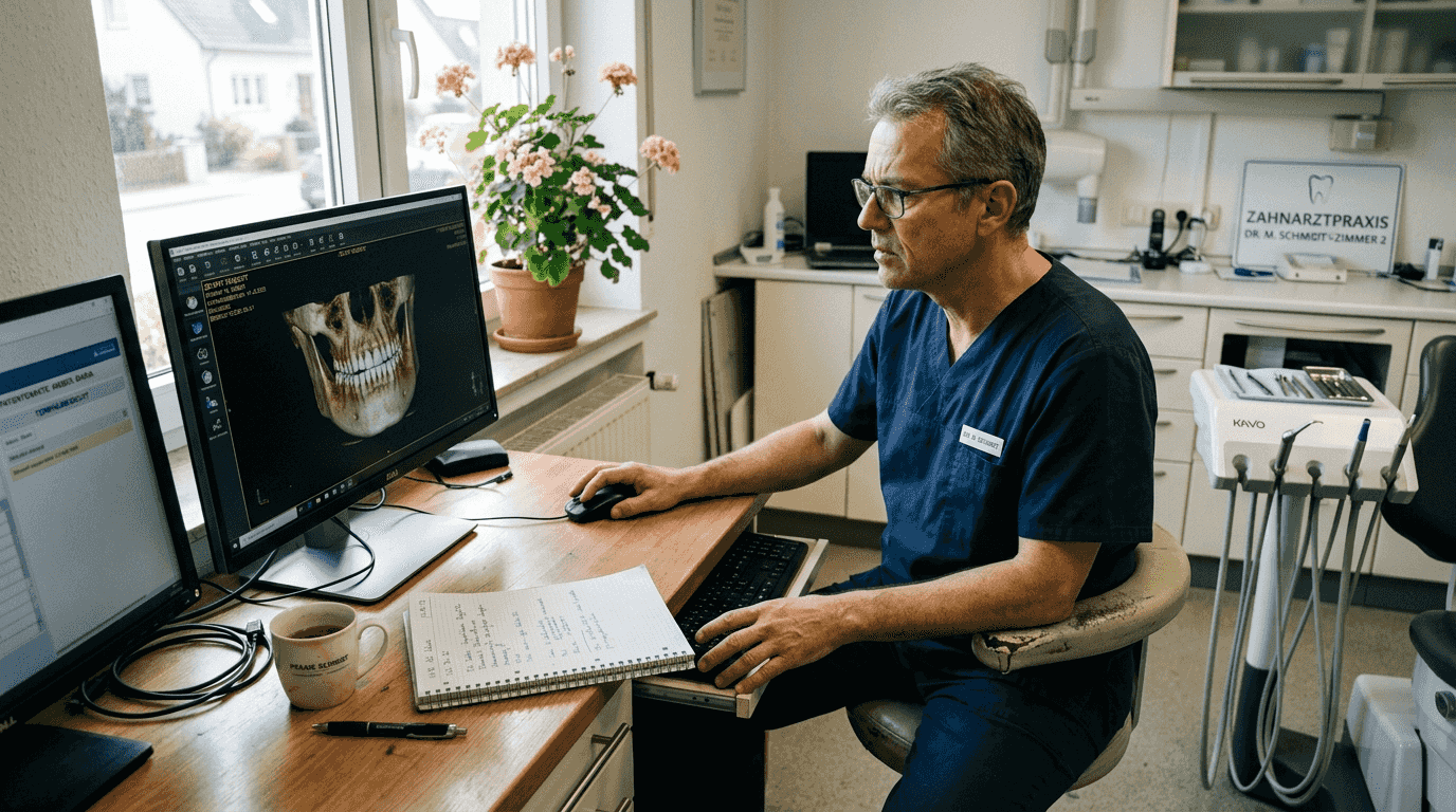 Der Zahnarzt plant die Implantate präzise am Bildschirm mithilfe modernster Computertechnik.
