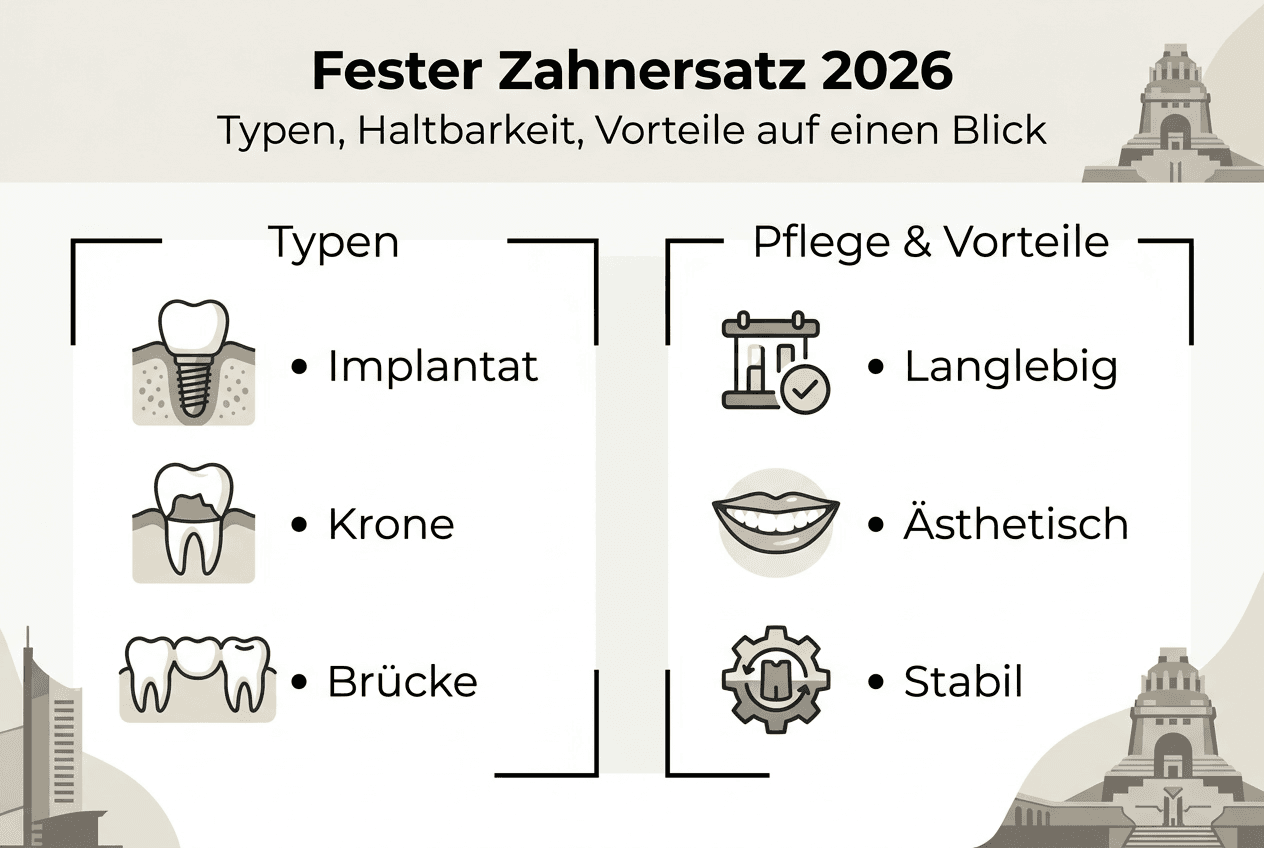 Infografik: Überblick über verschiedene Arten von festsitzendem Zahnersatz und deren Vorteile