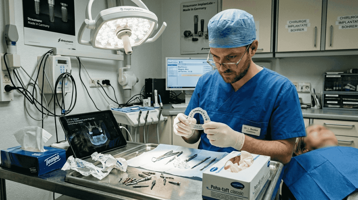 Ein Oralchirurg bereitet alles für eine Implantat-Operation vor.