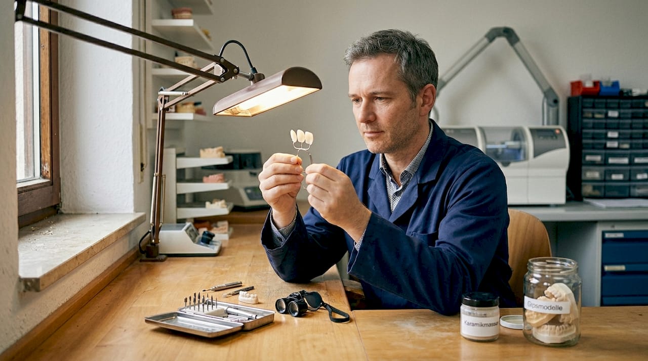 Ein Zahntechniker prüft und vergleicht verschiedene Keramikveneers, um die beste Farbabstimmung zu finden.