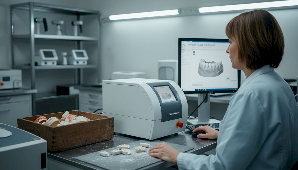 Eine Zahntechnikerin arbeitet am Computer mit modernster CAD/CAM-Technologie.