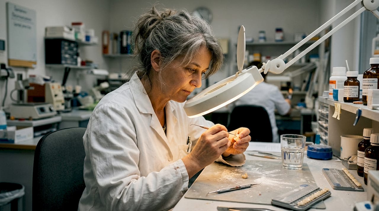 Im zahntechnischen Labor begutachtet eine Zahntechnikerin sorgfältig eine frisch angefertigte Zahnkrone.