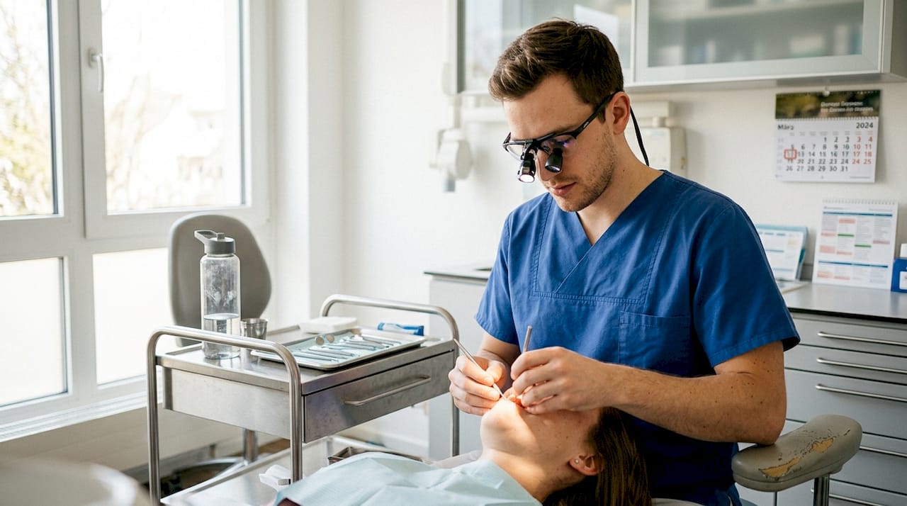 Mit Hilfe einer Lupenbrille untersucht der Zahnarzt den Zahn besonders präzise.