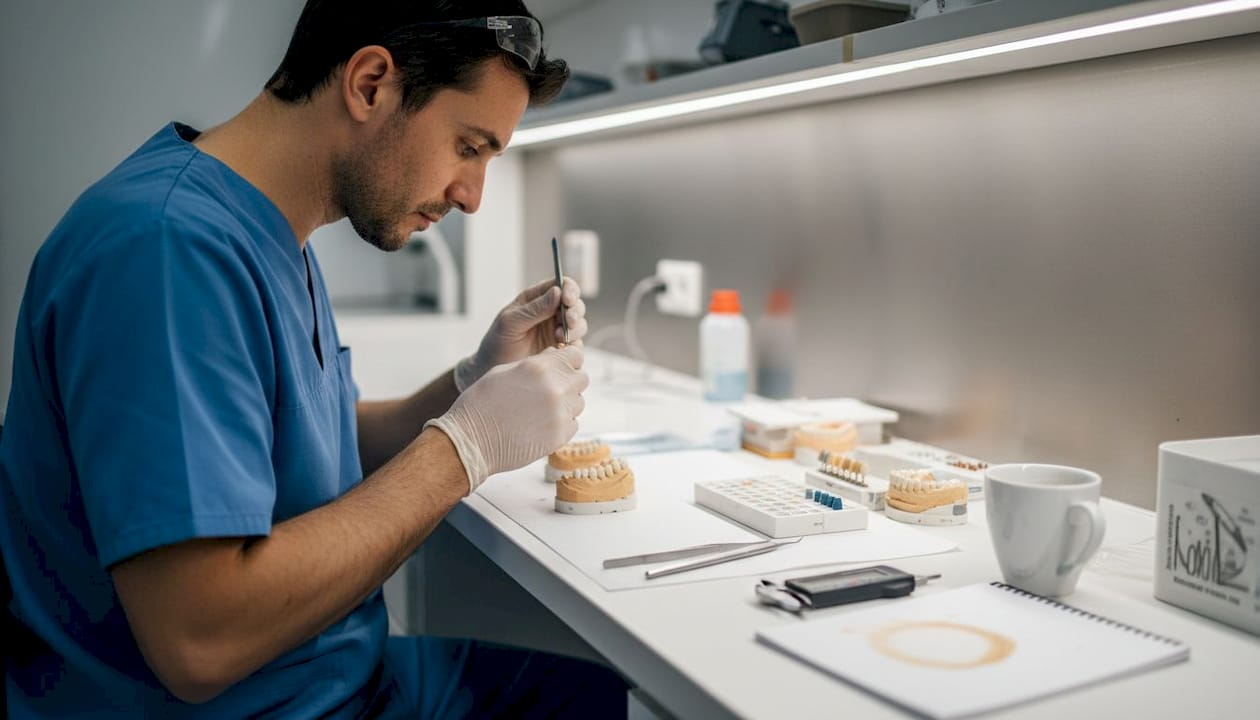 Ein Zahntechniker fertigt keramische Kronen in präziser Handarbeit an.