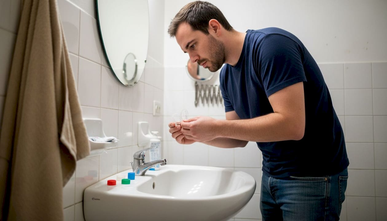 Ein Mann betrachtet seine Zahnschiene vor dem Badezimmerspiegel.