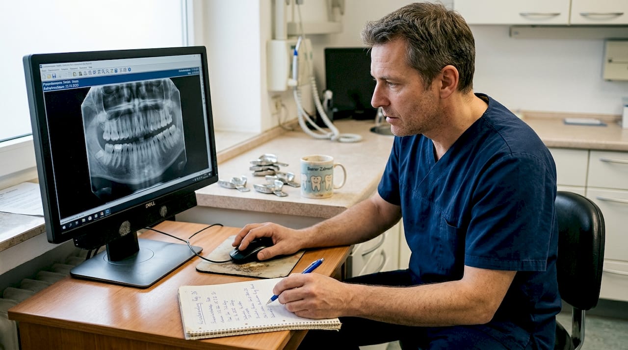 Eine Zahnärztin betrachtet ein digitales Röntgenbild am Computer und beurteilt den Befund.