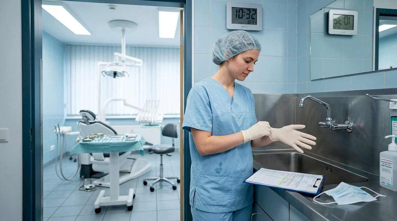 Ein Mund-Kiefer-Gesichtschirurg bereitet sich auf eine Zahnimplantation vor.