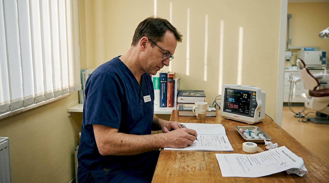 Der Anästhesist bereitet die Patientenakte für den Eingriff vor.