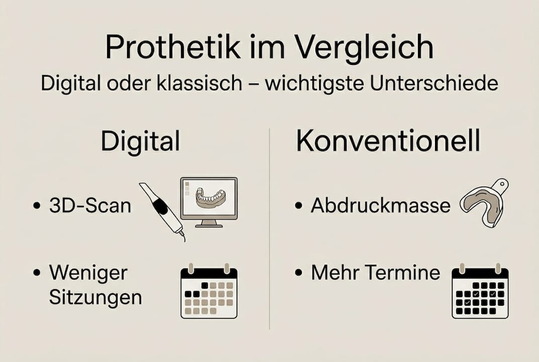 Infografik: Ein Vergleich zwischen digitaler und klassischer Prothetik – Alle wichtigen Unterschiede auf einen Blick