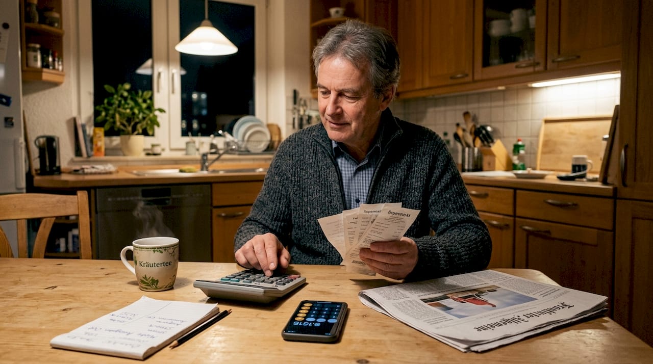 Ein Mann sitzt am Holztisch und rechnet aus, wie viel ihn die Zahnbehandlung kosten wird.