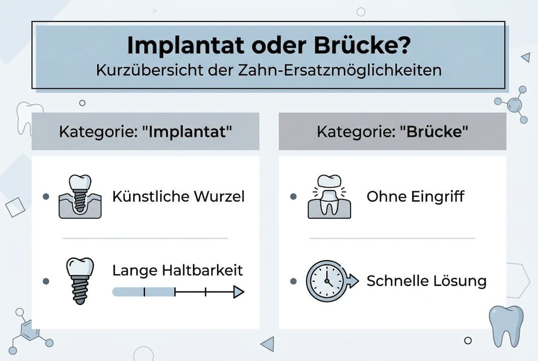Vergleich von Implantat und Brücke anschaulich in einer Infografik dargestellt
