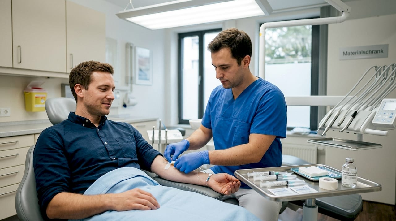 Eine Pflegekraft legt einen venösen Zugang zur Sedierung beim Zahnarzt.