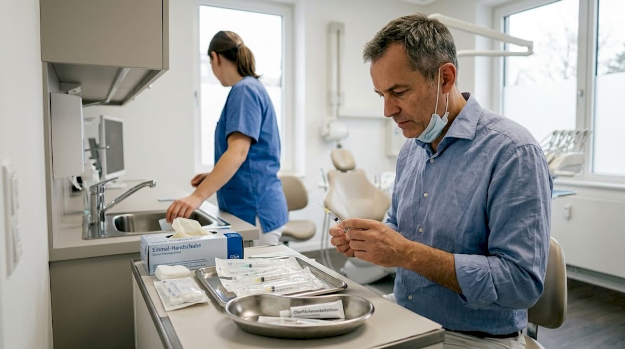 Der Zahnarzt bereitet die örtliche Betäubung im Behandlungszimmer vor.
