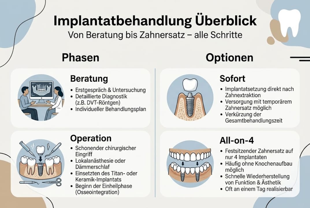 Die Infografik veranschaulicht die einzelnen Schritte einer Implantatbehandlung sowie die verschiedenen Möglichkeiten, die Patienten dabei haben.