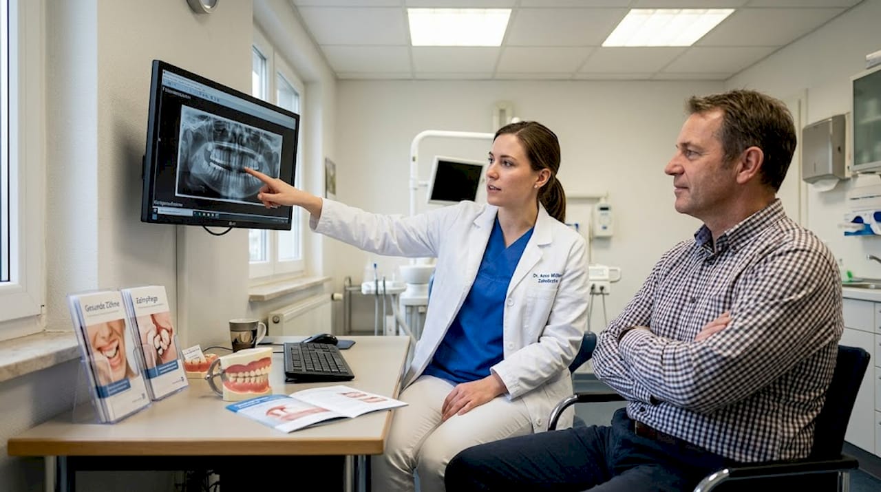 Der Zahnarzt nimmt sich Zeit, um einem erwachsenen Patienten die geplante Behandlung verständlich zu erläutern.