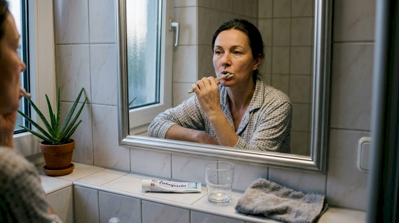 Eine Frau putzt sich morgens im heimischen Bad die Zähne.