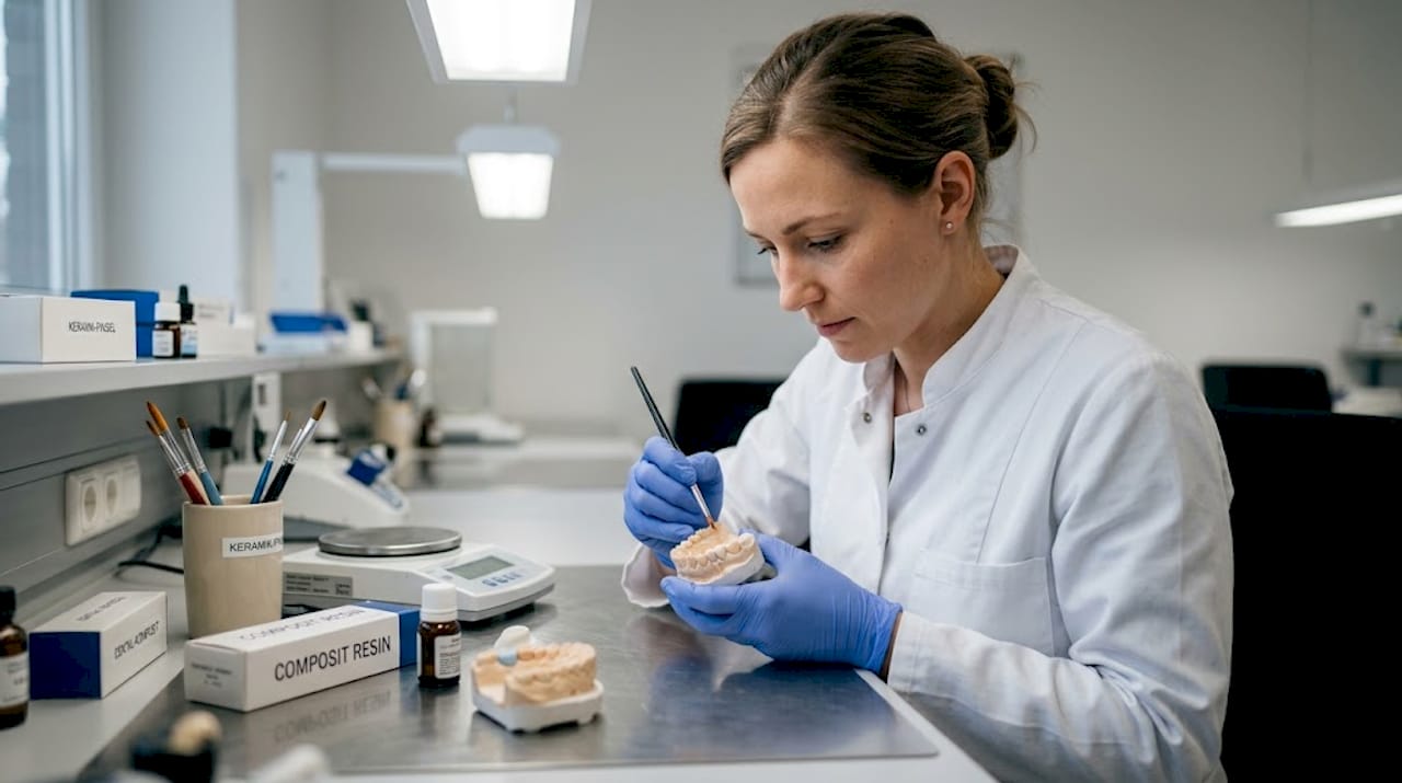 Ein Zahntechniker trägt Komposit auf ein Dentallabor-Modell auf.
